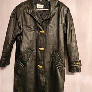 Vintage Worthington Black Leather Trench Coat w/Gold Sabertooth Buttons